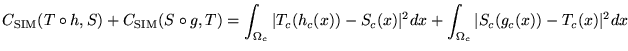 $\displaystyle C_{\text{SIM}}(T \circ h , S) + C_{\text{SIM}}(S \circ g , T) = \...
..._c(x)) -S_c(x)\vert^2 dx + \int_{\Omega_c} \vert S_c(g_c(x)) - T_c(x)\vert^2 dx$