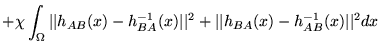 $\displaystyle + \chi \int_{\Omega} \vert\vert h_{AB}(x)- h^{-1}_{BA}(x)\vert\vert^2
+ \vert\vert h_{BA}(x)-h^{-1}_{AB}(x)\vert\vert^2 dx$
